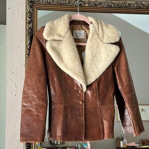 Women's Brown Tan Leather and Shearling Collar Jacket with Buttons 70's